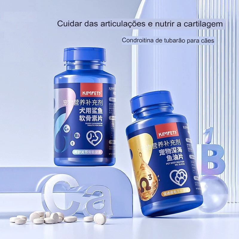 Comprimidos com suplementos nutricionais, condroitina para tratamento de articulações, e óleo de peixe, para animais de estimação.