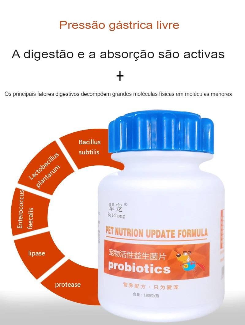 Comprimidos probióticos nutrem e regulam o estômago, para pet