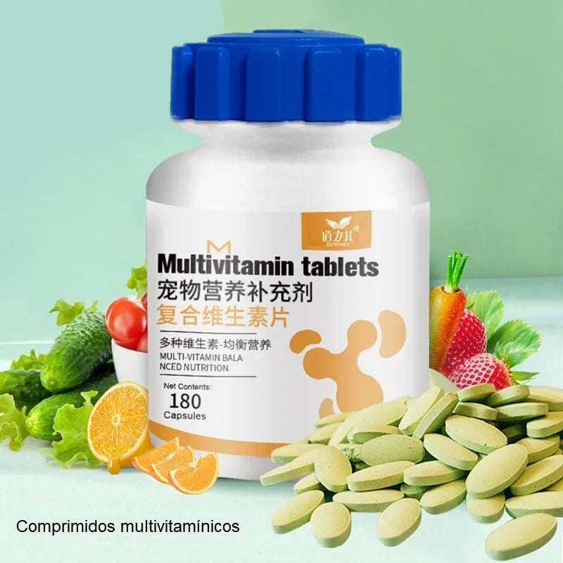 Comprimidos com suplementos multivitamínicos, melhora a imunidade, para animais de estimação.